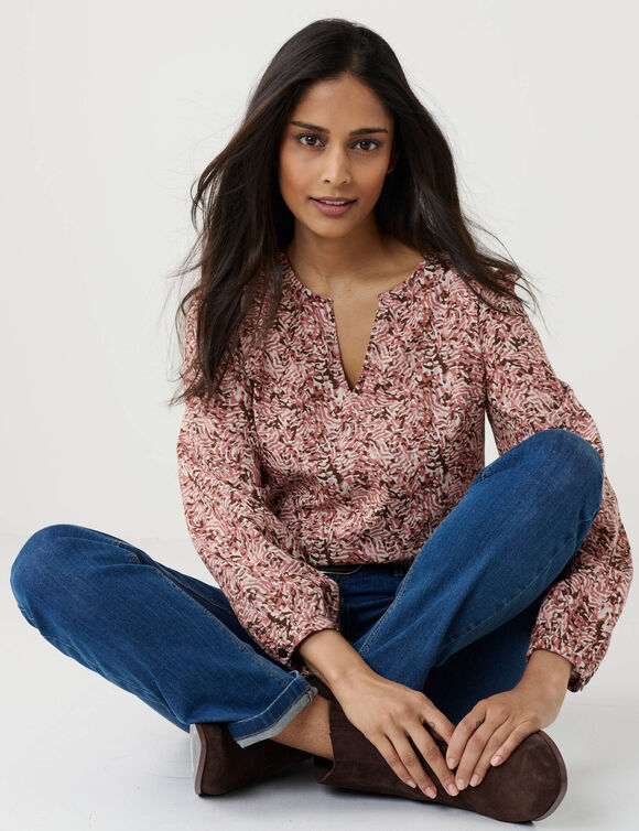 Katoenen blouse bedrukt met print, met split in de kraag (rozenhout / ecru)