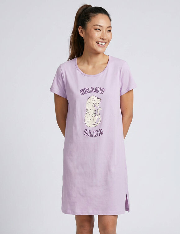 Chemise de nuit courte coton imprim&eacute; gu&eacute;pard "Graou Club", manches courtes (parme)
