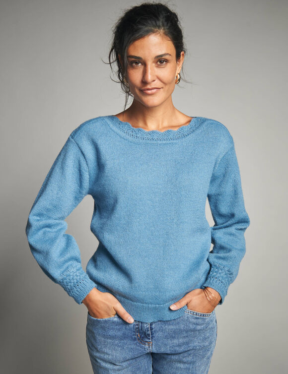 Pull col bateau, maille fantaisie  (bleu grisé)