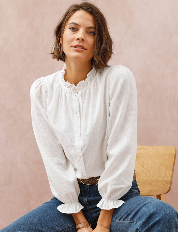 Chemisier uni volant&eacute; en coton textur&eacute; (&eacute;cru)