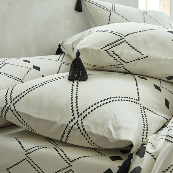 Linge de lit Massaï coton à motifs graphiques et finitions pompons (écru)