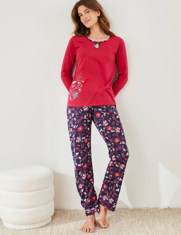 Pyjamabroek met bloemenprint (marine / rood)