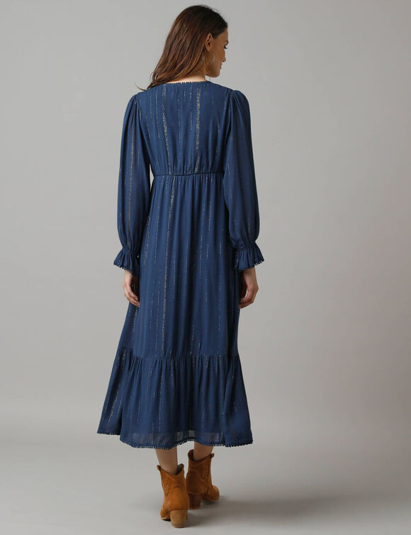 Robe longue bohème, crépon et fils brillants (marine)