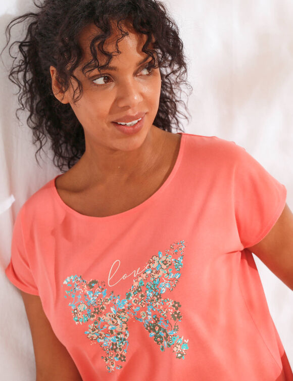 T-shirt manches courtes, imprim&eacute; plac&eacute; "papillon" (rose corail)