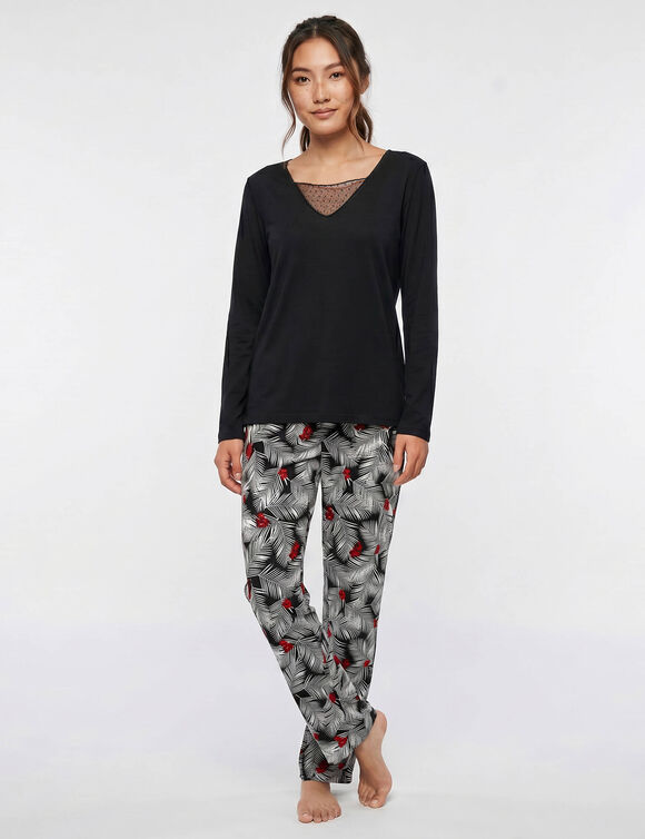 Pyjama pantalon empi&egrave;cement plumetis - imprim&eacute; tropical (noir)