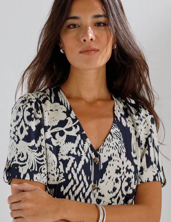 Robe boutonn&eacute;e imprim&eacute;e, manches courtes  (indigo / ecru)