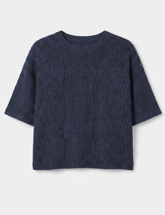 Poncho-trui met mouwen tot aan de ellebogen, in patenttricot en met kabels (marine)