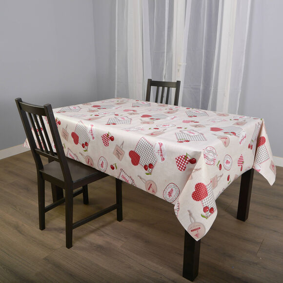 Nappe toile cirée imprimé cerises (écru / rouge)