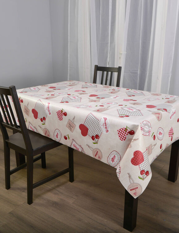 Nappe toile cirée imprimé cerises (écru / rouge)