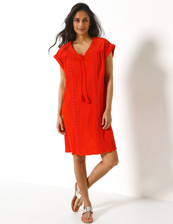 Robe macram&eacute;, cr&eacute;pon coton (rouge)