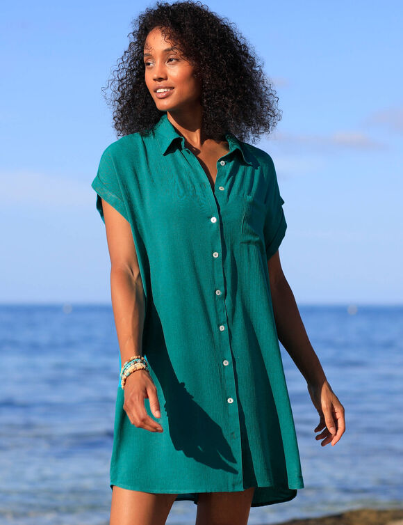 Robe de plage unie, crépon (émeraude)