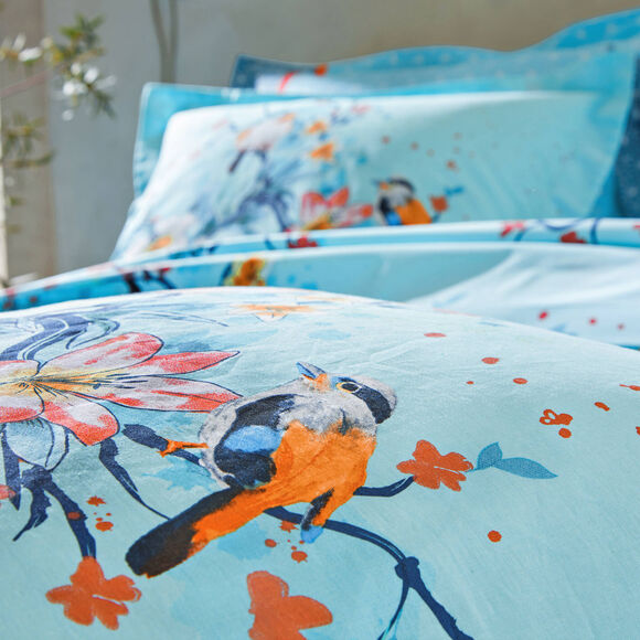 Linge de lit Birdy en coton imprimé oiseaux (lagon)