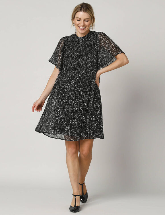 Robe en voile plissé imprimé pois, manches "papillons" (noir / blanc)