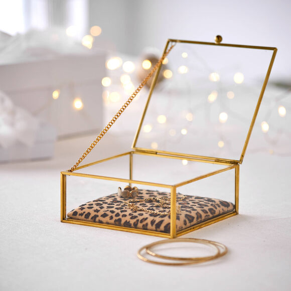 Boîte à bijoux verre et métal, avec coussin léopard (doré)