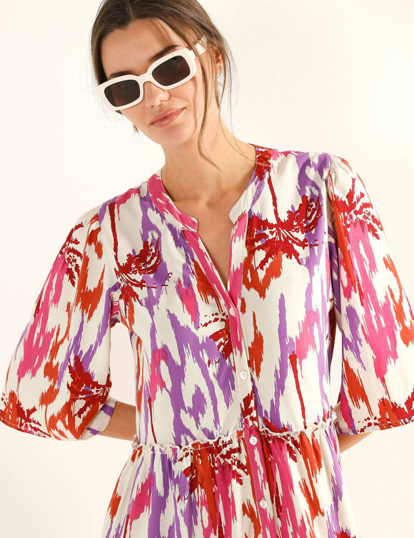 Robe col tunisien imprim&eacute;e, manches &eacute;vas&eacute;es (&eacute;cru / violet)