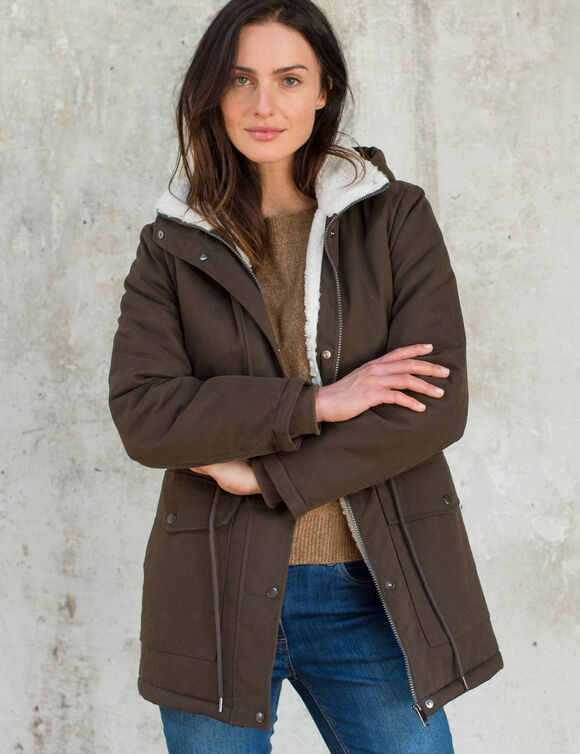 Parka d&eacute;perlante &agrave; capuche, doubl&eacute;e polaire sherpa (chocolat)