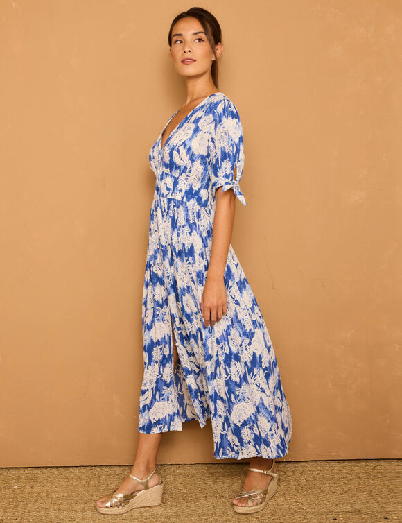 Robe longue imprimée, évasée (bleu)