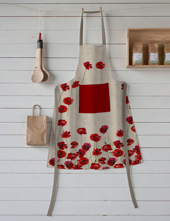 Vlekwerende bavetschort met klaprozenprint (naturel / rood)