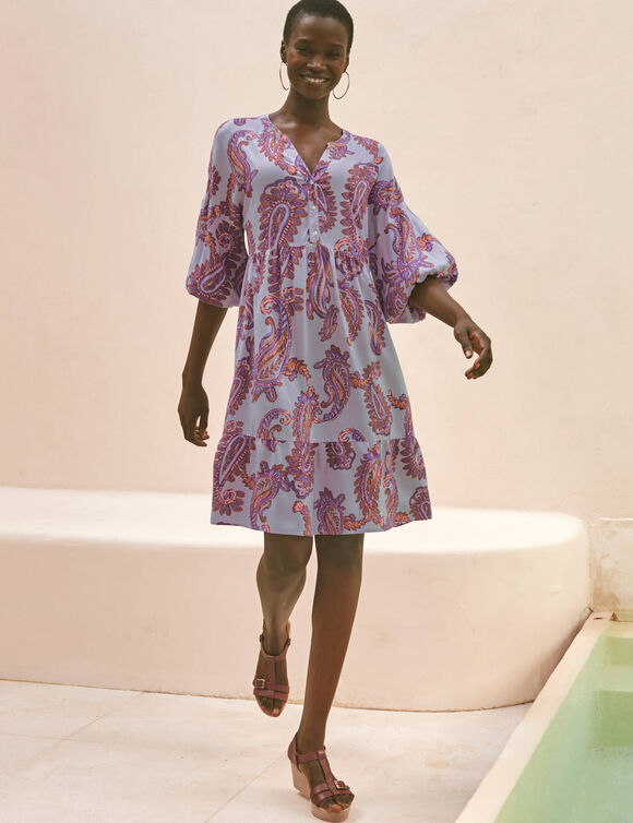 Robe imprim&eacute;e col tunisien, manches boules (parme gris&eacute;)