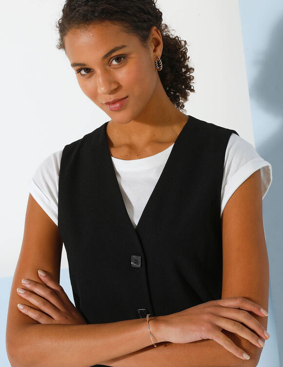 Veste "cafetier" sans manches, crêpe fluide (noir)