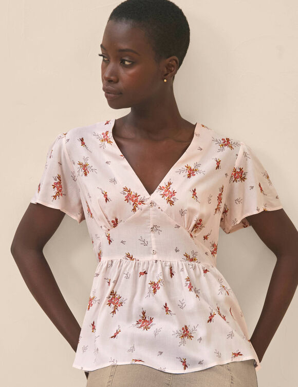 Bedrukte bloes (roze / oranje)