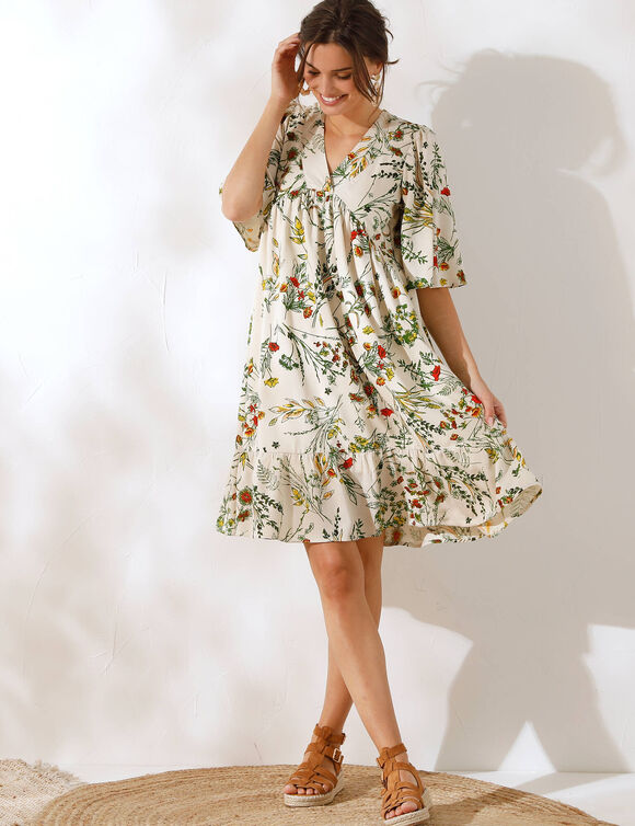 Robe courte col V, imprimé fleuri (écru)