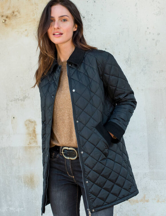 Veste longue matelass&eacute;e, d&eacute;tails velours (noir)