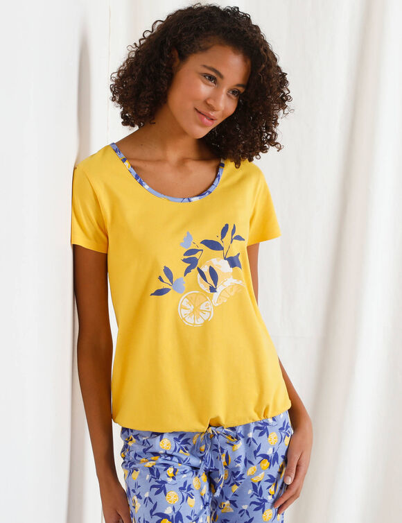 Pyjama court imprimé citrons (bleu / safran)