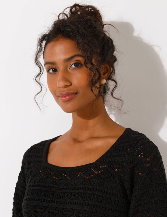 Pull col carré uni, maille ajourée (noir)