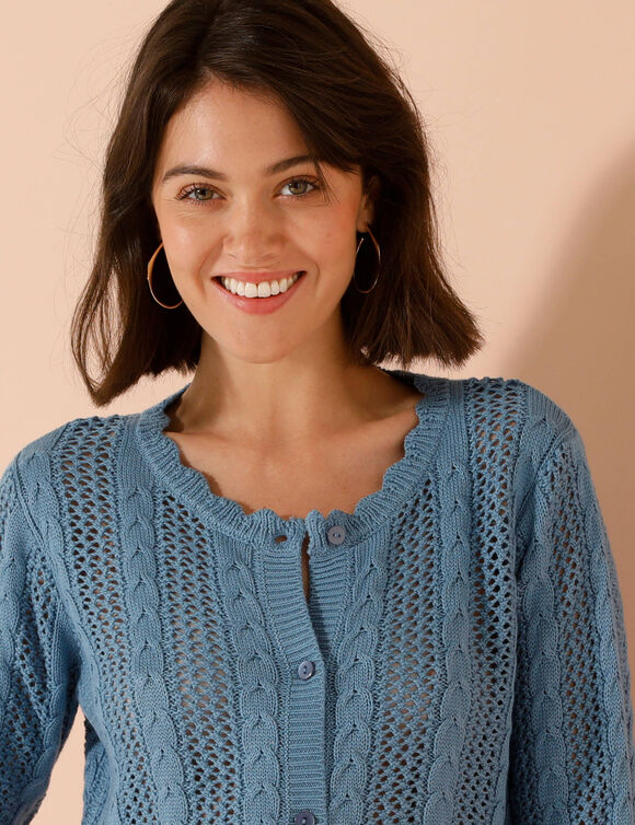 Vest met knopen, ronde hals en geschulpte afwerking, ajourtricot (jeansblauw)