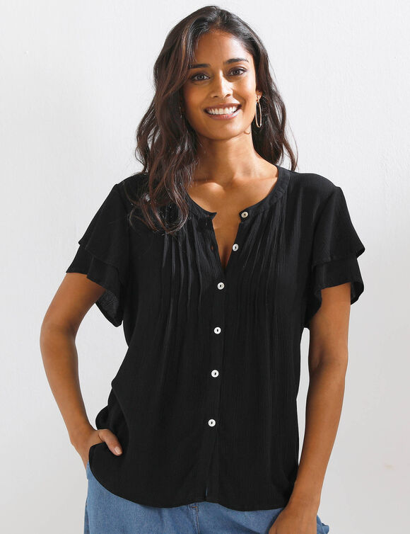 Chemisier manches courtes papillon, cr&eacute;pon (noir)