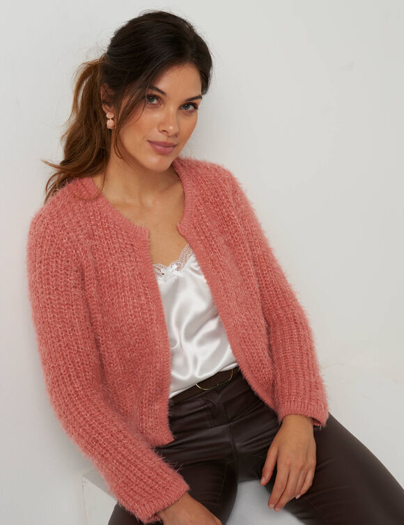 Gilet paletot maille perlée fantaisie (rose blush)