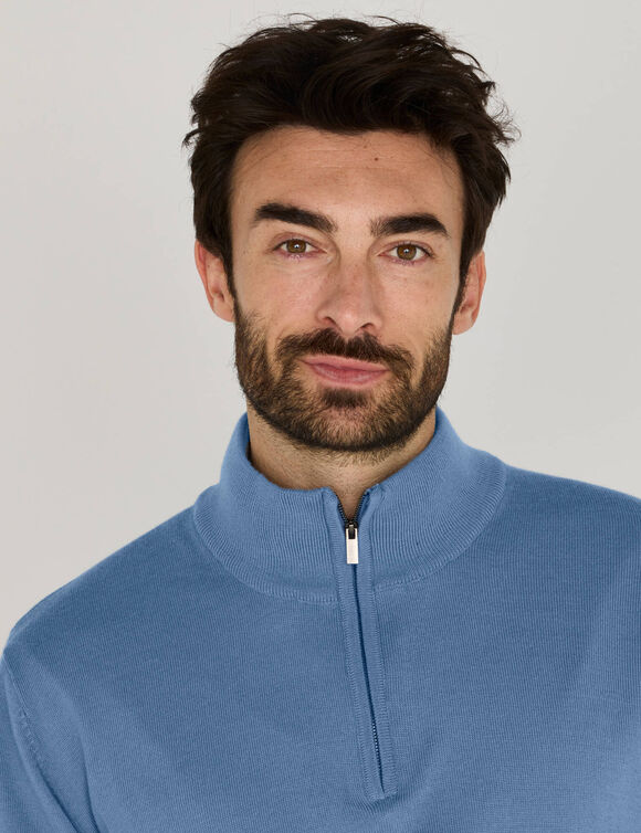 Pull col montant zipp&eacute; laine m&eacute;rinos m&eacute;lang&eacute;e (bleu)
