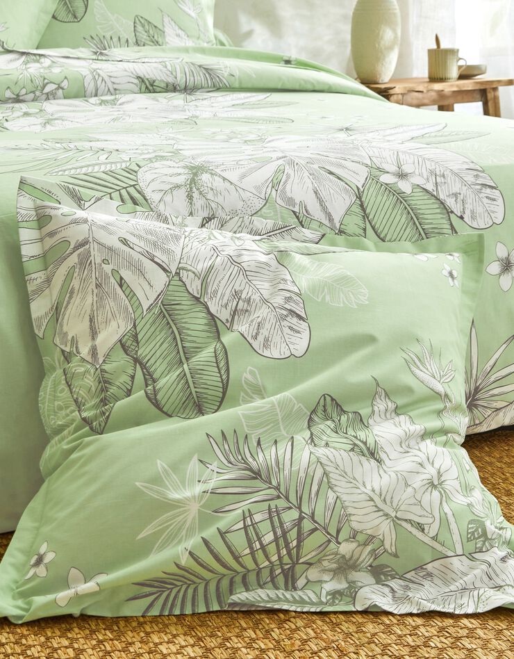 Linge de lit Elyse en coton imprimé fleurs et feuilles de palmes (vert d'eau)