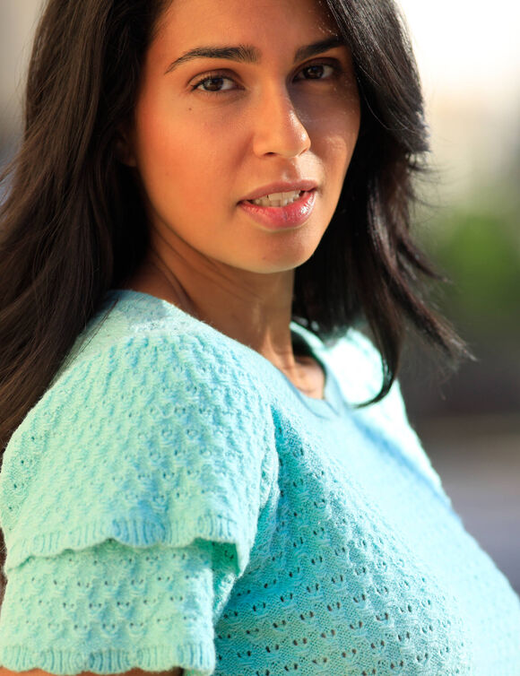 Pull manches courtes, maille fantaisie (aqua)