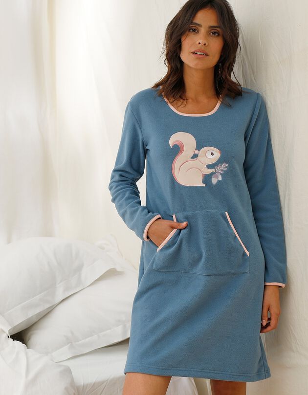Nachthemd in fleece met lange mouwen, eekhoornprint, jeansblauw, hi-res