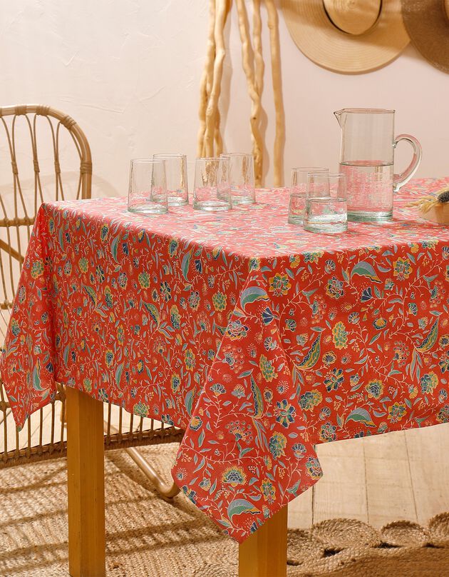 Rechthoekig tafellaken met Indian Summer bloemenprint (koraal / ecru)