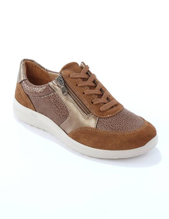 Baskets lacées et zippées en cuir avec empiècements extensibles  (taupe)