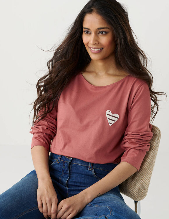 Marineshirt met lange mouwen, geborduurd hartje in effen of luipaard (rozenhout)