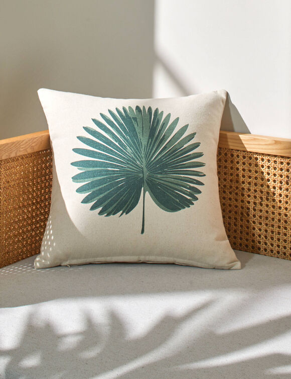 Kussen met palmbladerenprint (zandkleur / groen)