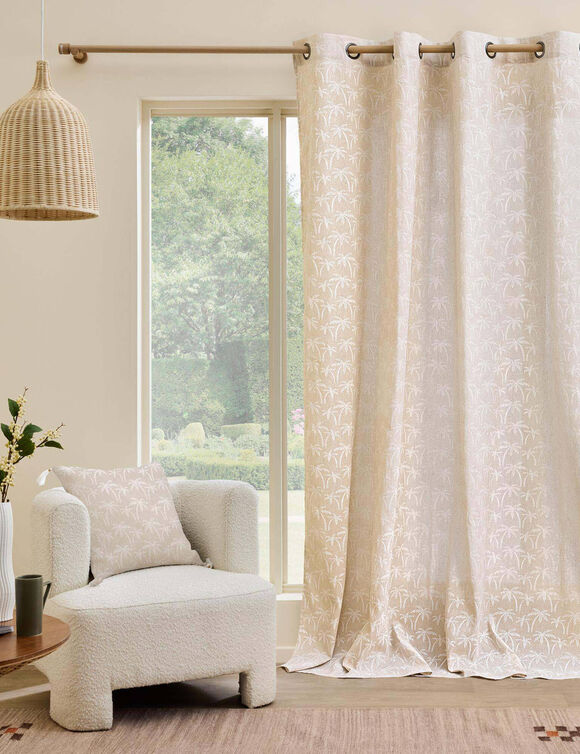 Rideau &agrave; &oelig;illets, motif palmiers (blanc / naturel)