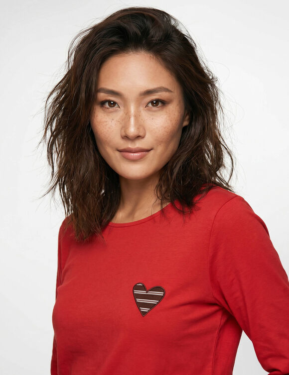 T-shirt marini&egrave;re manches longues, brod&eacute; "c&oelig;ur" uni ou imprim&eacute; l&eacute;opard (rouge)