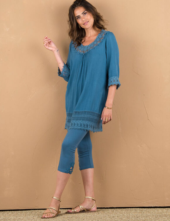 Lange tuniek met macramé en 3/4-mouwen (grijsblauw)
