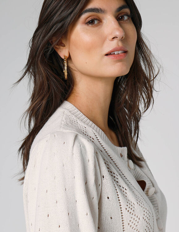 Cardigan boutonné, maille ajourée (écru)