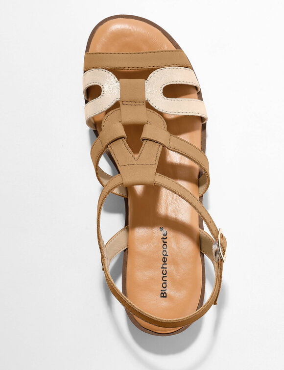 Sandales compensées cuir bi-matière (marron / doré)