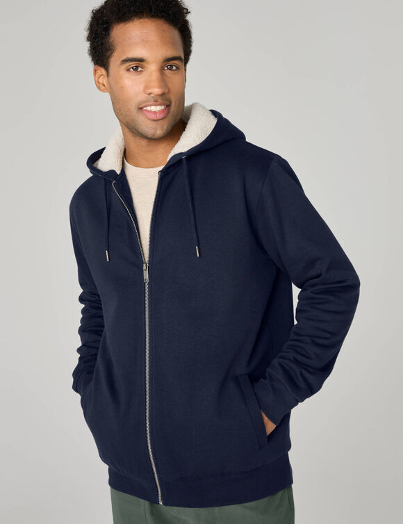 Sweat &agrave; capuche uni zipp&eacute; et fourr&eacute; (marine)