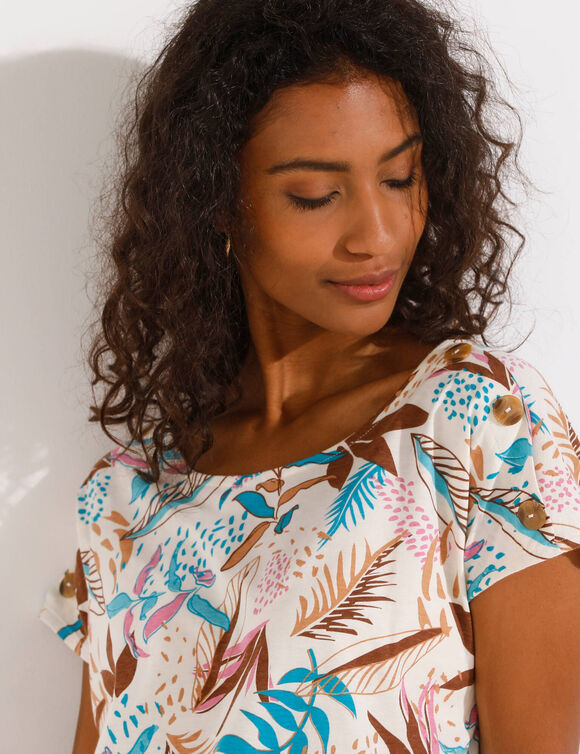 T-shirt col rond imprimé tropical (écru / turquoise)