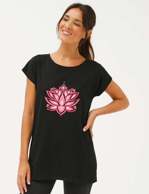 T-shirt tunique, imprim&eacute; plac&eacute; (noir / rose)