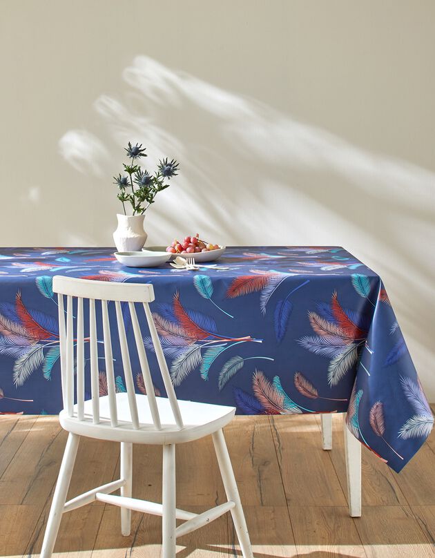 Tafellaken in toile cirée met pampasbloemenprint (blauw / rood)