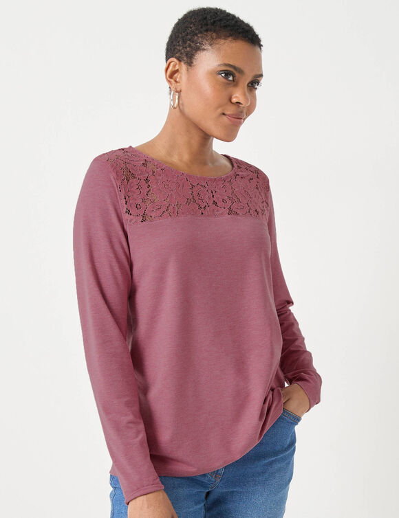 T-shirt col rond manches longues dentelle (bois de rose chiné)